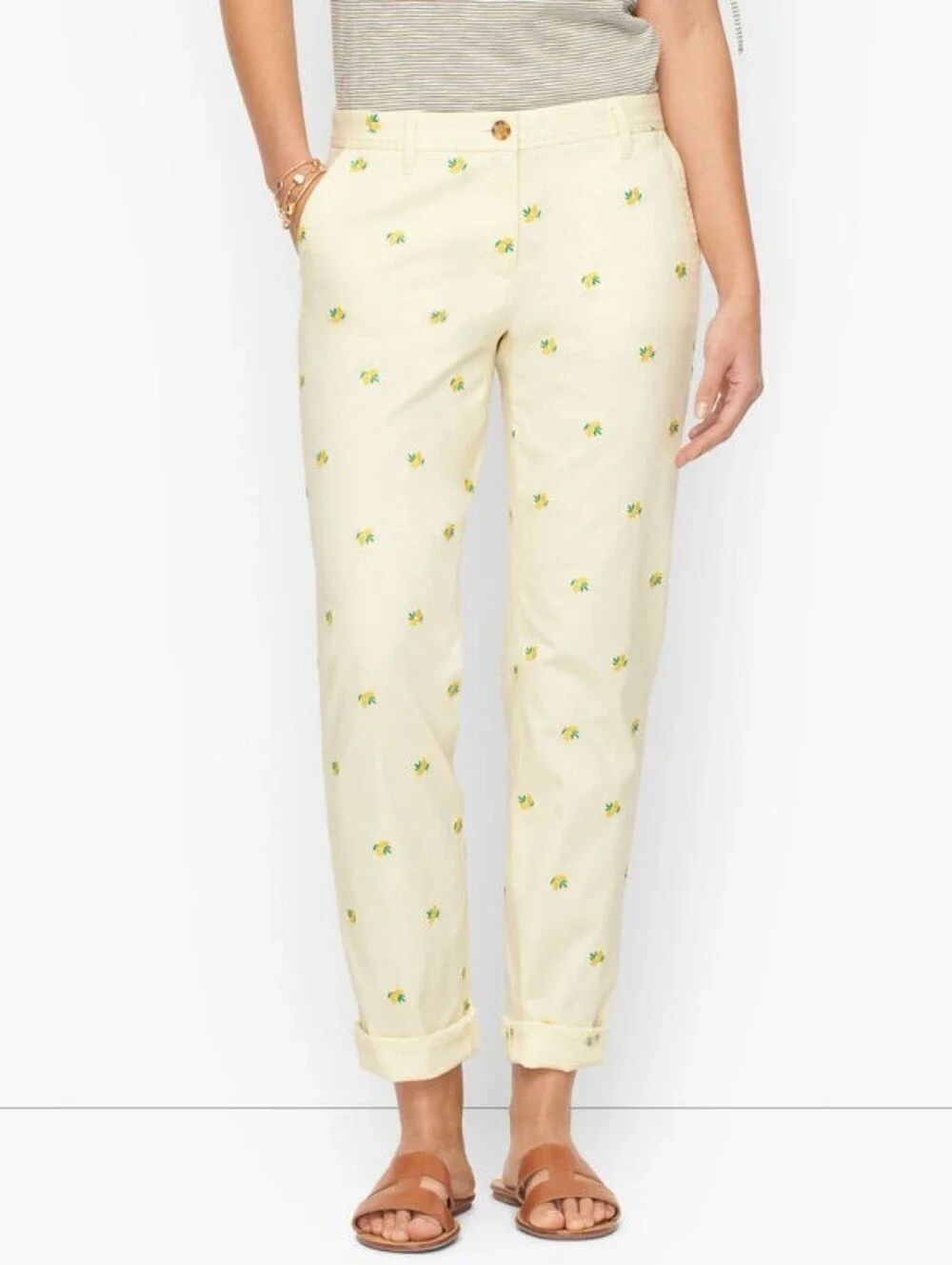 Talbots Relaxed Chino Cream Embroidered Lemon Print Ankle Length Trouser Pants